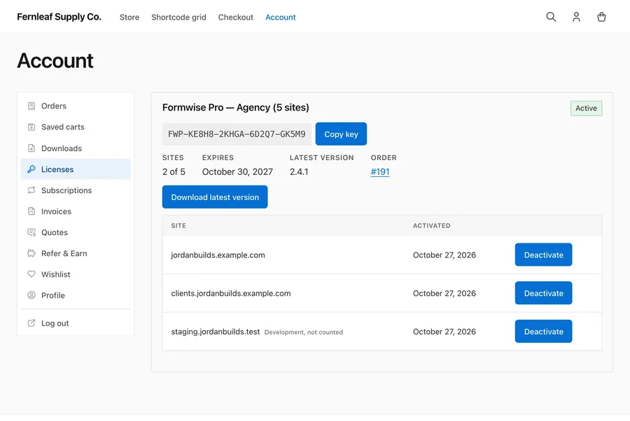 The customer account page showing license keys and site activations