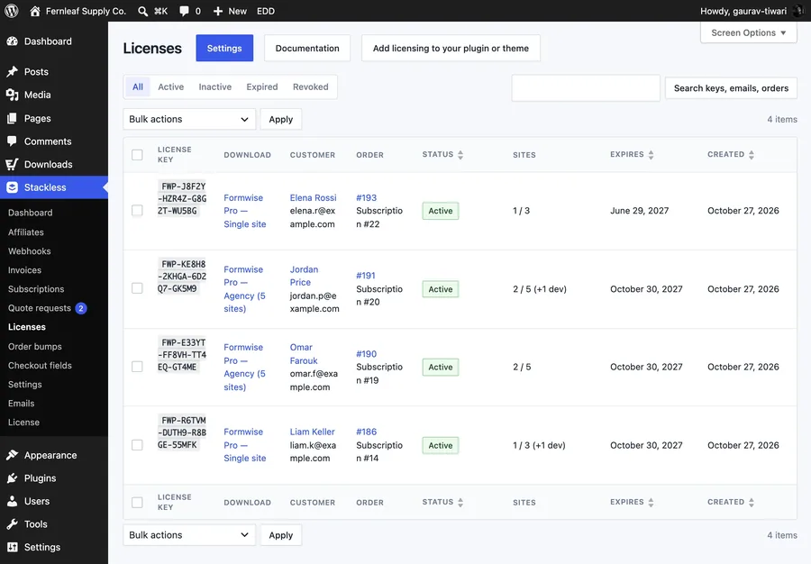 The Licenses screen in Stackless for EDD with keys, downloads and activations