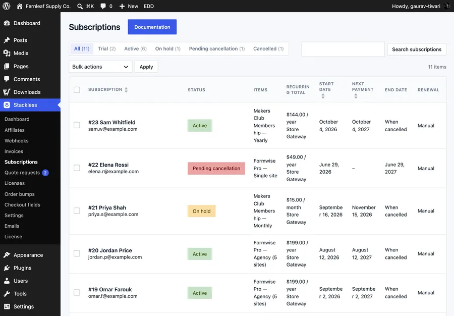 The Subscriptions list in Stackless for EDD with customers, plans, status and next payment