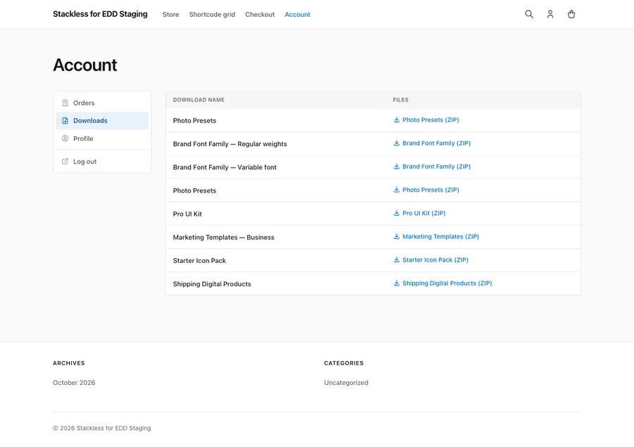 The Stackless theme account downloads page