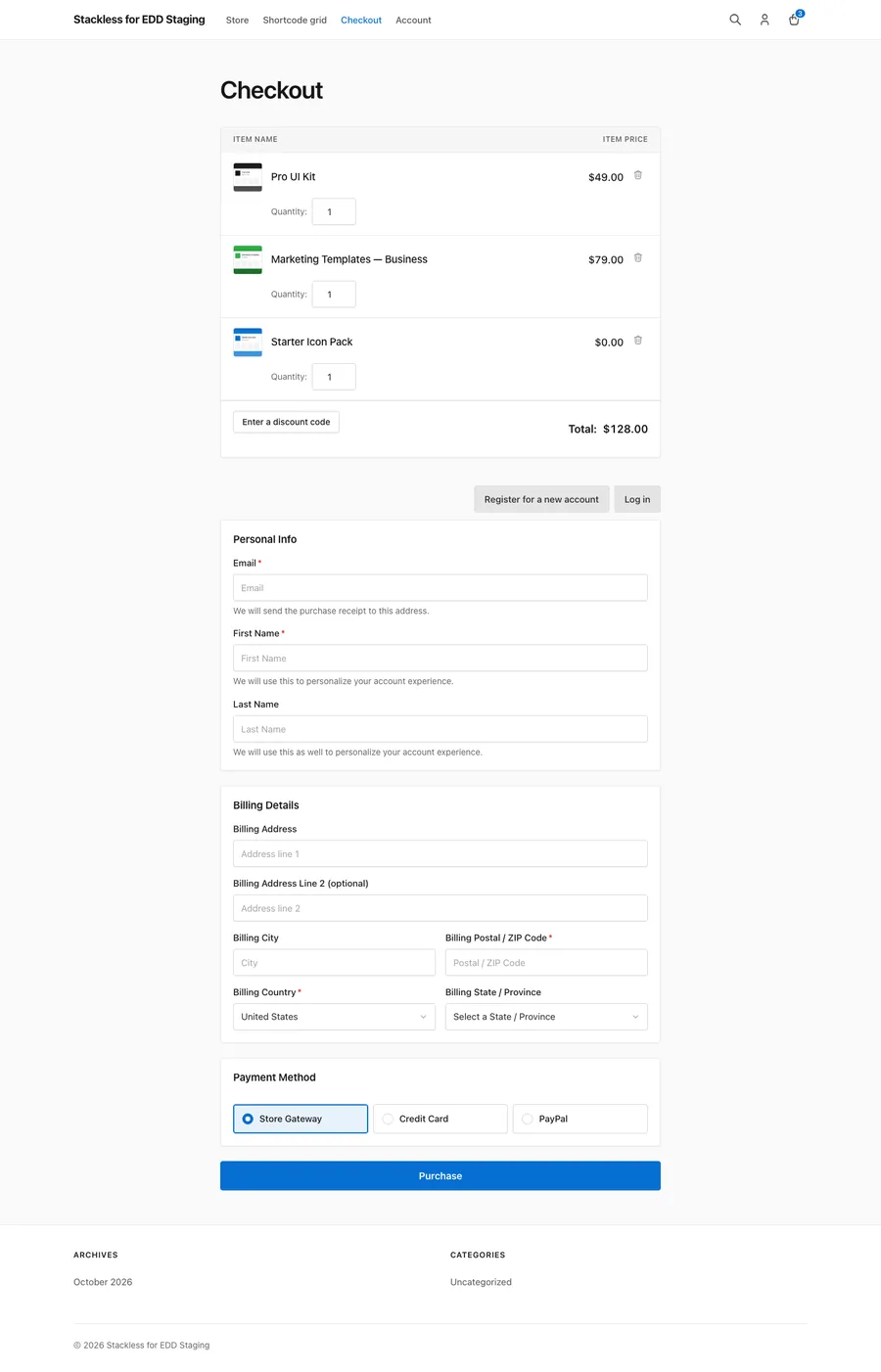 The Stackless theme checkout block page