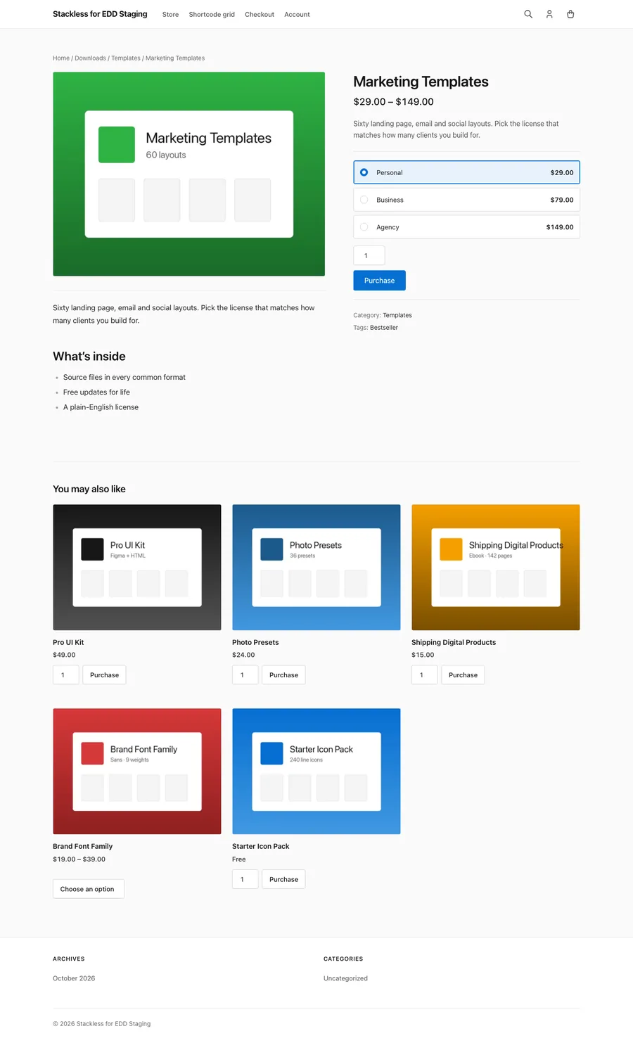 A Stackless theme product page in dark mode