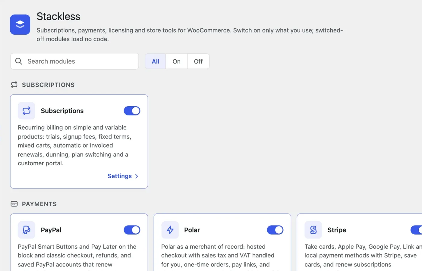The Stackless dashboard in WooCommerce admin with subscription, payment and checkout modules switched on