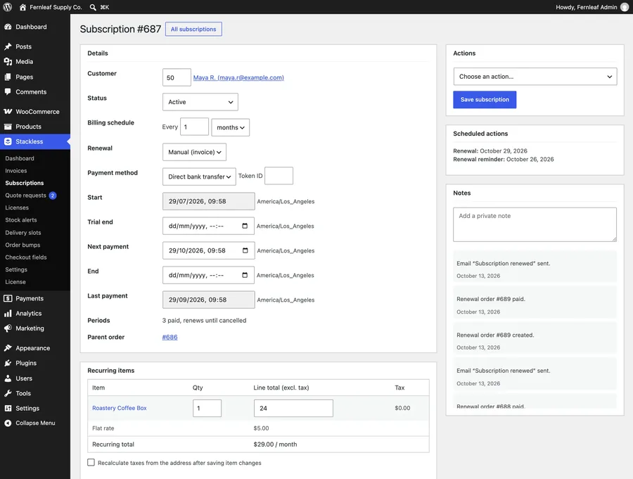 Editing a subscription in Stackless: schedule, next payment date, payment method and related orders